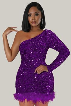 Transform any occasion into a luxurious affair with this party-ready, Feather One Shoulder Sequin Dress. The stunning design boasts a classic bodycon fit with exquisite embellishments such as contrast faux fur and shimmering sequins. The asymmetrical neckline adds a unique touch while the long sleeves and slim fit perfectly accentuate your natural waistline. The mini pencil hemline and high stretch fabric ensure a comfortable and elegant look. 95% Polyester, 5% Elastane Model is wearing size sma One Shoulder Sequin Dress, Asymmetrical Neckline, S Pic, Sequin Dress, Dresses For Sale, Stretch Fabric, Faux Fur, One Shoulder