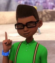 a cartoon boy wearing glasses and pointing to the left with his finger up in front of him