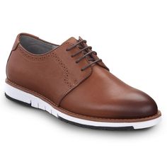 Full grain leather upper. Pigskin and mesh linings. PU cup cushion footbed. Phylon midsole. SR Max MaxTrax oil and slip resistant rubber outsole. Soft toe. No safety toe cap. Leather Slip-resistant Dress Shoes With Round Toe, Synthetic Wingtip Leather Shoes With Rubber Sole, Cushioned Footbed Sneakers With Round Toe, Brown Oxfords With Cushioned Moc Toe, Brown Moc Toe Oxfords With Cushioned Footbed, Brown Synthetic Oxfords With Rubber Sole, Slip-resistant Leather Dress Shoes With Round Toe, Brown Leather Dress Shoes With Cushioned Footbed, Brown Dress Shoes With Ortholite Insole And Round Toe