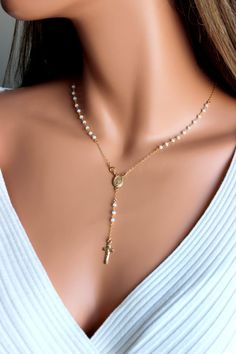 White Opaque Crystal Gold Rosary Necklace 14kt Gold Filled Womens Rosaries Goldfilled Miraculous Med Elegant White Cross Necklace With Adjustable Chain, Elegant White Crucifix Necklace, White Cross Necklace With Adjustable Chain, White Cross Jewelry For Gift, White Cross Jewelry For Gifts, White Cross Jewelry Gift, Spiritual White Cross Jewelry, White Cross Pendant Necklace For Wedding, White Cross Necklace For Wedding With Cross Pendant