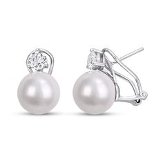 New and now €” these lustrous earrings are a fresh take on a timeless classic. Opulent round freshwater cultured pearls are enhanced with radiant round-cut white topaz for extra shimmer and shine. The sterling silver earrings secure with omega backs. Elegant Formal Clip-on Diamond Earrings, Classic Cubic Zirconia Clip-on Earrings, Classic Brilliant Cut Clip-on Earrings For Anniversary, Classic Brilliant Cut Clip-on Earrings For Formal Occasions, Classic Brilliant Cut Clip-on Earrings For Formal Events, Classic Anniversary Clip-on Earrings With Diamond Accents, Classic Formal Brilliant Cut Clip-on Earrings, Classic Formal Clip-on Earrings With Brilliant Cut, White Round Clip-on Diamond Earrings