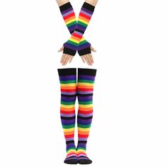 Women Girls Over Knee Long Rainbow Thigh High Striped Cotton Socks Gloves Sweet Cute Plus Size Long Gloves, Cotton Socks, Thigh High, Thigh Highs, Women Girl, Gloves, Socks, Rainbow, Plus Size