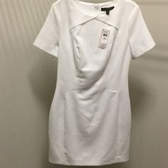 Brand New Short Sleeve Lined Dresses For Formal Occasions, Short Sleeve Lined Formal Dresses, Formal Short Sleeve Lined Dresses, White Fitted Short Sleeve Elegant Dress, Elegant White Fitted Short Sleeve Dress, Dressy Short Sleeve Mini Dress For Work, Dressy Mini Dress With Short Sleeves For Work, Chic Lined Dresses For Work, Formal Short-sleeve Lined Midi Dress