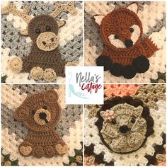 four crocheted teddy bears are shown in three different pictures, one is brown and the other is white