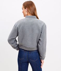 Infused with a rich touch of wool, get in the game with this perennially sporty-chic - not to mention versatile and comfy, to boot - bomber jacket. Ribbed knit tab collar, cuffs, and hem. Snap front. Dropped shoulders. Long sleeves. Front welt pockets.,Bullet1:20" long,Imported:Imported,Fit:Fit: Relaxed — an easy shape that's just shy of loose,Length:Length: Regular - hits below natural waist,Fabrication:Shell: 85% Polyester 12% Wool 3% Other Fibers, Lining: 100% Polyester,Garment Care:Machine W Fall Workwear Cropped Jacket With Ribbed Cuffs, Casual Varsity Jacket With Stand Collar For Fall, Fall Casual Varsity Jacket With Stand Collar, Casual Fall Varsity Jacket With Stand Collar, Fall Varsity Jacket With Stand Collar And Pockets, Winter Relaxed Fit Funnel Neck Outerwear, Winter Funnel Neck Outerwear With Relaxed Fit, Long Sleeve Varsity Jacket With Padded Collar For Fall, Fall Track Jacket With Ribbed Cuffs For Workwear