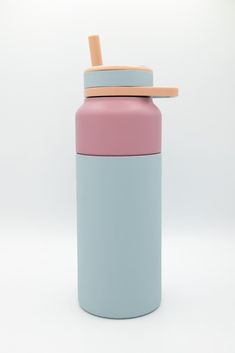 a blue and pink insulated drink bottle with a straw sticking out of the top