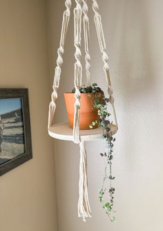 a potted plant hanging from a shelf in a room with a painting on the wall