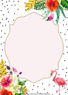 a pink flamingo surrounded by tropical flowers and leaves on a white background with polka dots