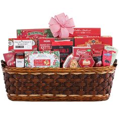 a large basket filled with lots of different types of food and confection items