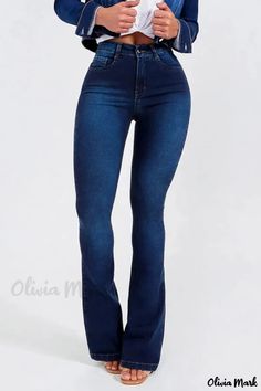 Olivia Mark - Premium High-Waisted Skinny Denim Jeans - Classic and Versatile High Waist Stretch Flare Jeans In Medium Wash, Medium Wash High Waist Stretch Flare Jeans, High Waist Blue Stretch Flare Jeans, High Waist Stretch Denim Blue Flare Jeans, Stretch High Waist Denim Blue Flare Jeans, High Waist Stretch Denim Flare Jeans, High Waist Stretch Flare Jeans In Denim, High-waist Stretch Denim Flare Jeans, High Waist Solid Color Flare Jeans