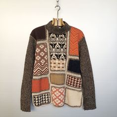 Beautiful vintage patchwork knitwear. Fall colours with beige, brown and orange. Houndstooth, stripes, check and geometric patterns. Boho style. MATERIALS & CONDITION Material is 65% acrylic / 25% wool Condition is : very very good vintage condition MEASUREMENTS Size is women M, loose fit (refer to measurements) Do not hesitate to DM if you have any questions ! Shoulder seam to shoulder seam : 48cm / 19in Armpit to armpit : 56cm / 22in Sleeve (shoulder seam to bottom) : 61cm / 24in Front length Retro Patchwork Sweater For Fall, Fall Retro Patchwork Sweater, Retro Patchwork Winter Sweater, Retro Patchwork Sweater For Winter, Retro Brown Sweater For Fall, Brown Patchwork Sweater For Fall, Brown Argyle Pattern Long Sleeve Sweater, Brown Argyle Long Sleeve Sweater, Brown Long Sleeve Argyle Sweater