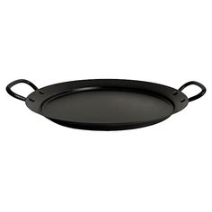 an oval black tray with handles on the bottom and one handle at the top, is shown