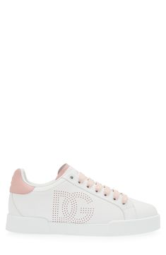 An emblematic monogram is perforated at the side wall of this low-profile leather sneaker ready to kick up your casual ensembles a notch. Lace-up style Leather upper and lining/rubber sole Made in Italy Designer Shoes Luxury Lace-up Sneakers With Logo Detail, Designer Low-top Sneakers With Logo Detail, Designer Sneakers With White Sole And Embossed Logo, Designer Sneakers With Embossed Logo And White Sole, Designer Lace-up Sneakers With Perforated Toe Box, Pink Lace-up Sneakers With Embossed Logo, Designer Sneakers With Embroidered Logo And White Sole, Designer Sneakers With Embroidered Logo, Luxury Low-top Sneakers With Perforations