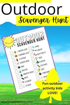 an outdoor scavenger hunt with the text, fun outdoor scavenger hunt