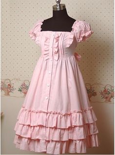 Pink Puff Short Sleeves Ruffle Lolita Dress Sweet Puff Sleeve Dresses With Ruffles, Sweet Puff Sleeve Dress With Ruffles, Cute Puff Sleeve Dress With Ruffles And Square Neck, Cute Ruffled Puff Sleeve Dress, Cute Puff Sleeve Dress With Ruffles, Cotton Ruffle Hem Feminine Dress, Fitted Cotton Dress With Ruffled Skirt, Short Sleeve Cotton Dress With Ruffles, Pink Cotton Ruffle Dress For Summer