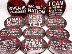 six badges with words written on them