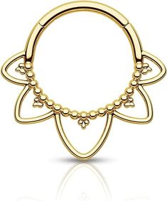 a gold nose ring with an intricate design on the front and back end, set in 18k yellow gold