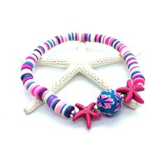 "Pink Starfish Bracelet, Beach Bracelets for Women, Stretch Bracelet, Elastic Bracelet, Christmas Gift, Sister Birthday Gift, Beach Jewelry This perky hot pink vinyl heishi starfish bracelet features a flower millefiori clay focal bead, flanked by two hot pink starfish. The beads are made from hard vulcanized rubber and sometimes old phonograph records and look like tiny colorful washers. This type of bracelet is great for stacking with lots of other bracelets too! INCLUDES: -one pink vinyl 6mm Adjustable Pink Holiday Jewelry, Adjustable Pink Jewelry For Holiday, Pink Jewelry For Beach Party, Pink Jewelry For Beach Party Season, Pink Strand Bracelets For Beach Season, Bohemian Style Adjustable Holiday Bracelets, Bohemian Adjustable Bracelets For Holiday, Starfish Charm Bracelet For Beach Season Gift, Multicolor Starfish Shaped Jewelry For Vacation