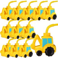 a set of yellow construction vehicles with black wheels and nozzles on the front