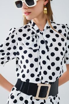 Subcategory: Blouse. Collar: High collar neckline. Sleeves: Short Sleeves. Print: Polka-dot print. Fit: Standard fit. Style: Daily. Fabric: Lightweight woven fabric . Product details: Knot detail. runs true to size. S. 100% Polyester Blouse With Scarf, Scarf Tie, Blouse Neck, Skirt Jumpsuit, Scarf Headband, Matching Shorts, Scarf Tying, Polka Dot Blouse, Romper Pants