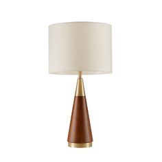 a lamp with a wooden base and white shade on the top, against a white background