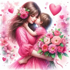 a painting of a mother holding her child with pink flowers and hearts in the background