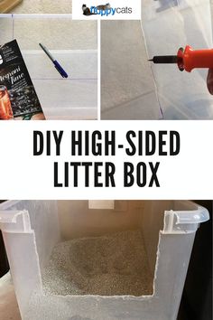 diy high - sided litter box with the lid open and some sand in it