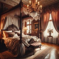 an ornate bedroom with four poster bed, chandelier and curtains on the windows