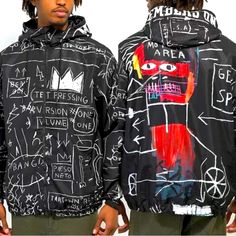 New With Tags Members Only X Basquiat Black White Windbreaker Light Jacket. - Front Zip Up Closure - Inside And Side Pockets - 100% Polyester - Can Be Unisex - Elastic At Waistband And Sleeve Cuff - Hooded - Black And White Basquiat Art Design In Front With Colorful Basquiat Art At Back Size S: Approx 22.5" From Armpit To Armpit Approx 27" From Shoulder To Hem Sleeves Are Approx 25.5" Hooded Windbreaker With Graphic Print For Spring, Hooded Graphic Print Spring Windbreaker, Hooded Graphic Print Windbreaker For Streetwear, Casual Black Track Jacket With Graphic Print, Black Windbreaker For Urban Adventures In Fall, Black Graphic Print Track Jacket For Fall, Black Track Jacket With Graphic Print For Fall, Casual Black Outerwear For Urban Adventures, Urban Windbreaker With Graphic Print For Fall