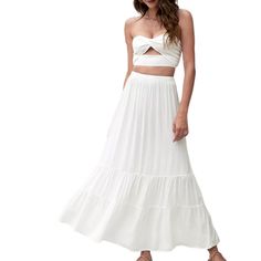 Solid White Ruffle Hem Beachwear Maxi Skirt Breezy Tiered Ruffle Maxi Skirt, Breezy Ruffled Tiered Maxi Skirt, Breezy Tiered Maxi Skirt With Ruffles, Breezy Ruffled Maxi Skirt, Brunch Ruffle Hem Tiered Maxi Skirt, Breezy Tiered Maxi Skirt For Vacation, Breezy Tiered Maxi Skirt For Summer, Flowy Summer Maxi Skirt For Day Out, Flowy Breezy Maxi Skirt For Day Out