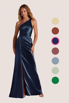 a woman in a long blue dress with one shoulder and side slits, standing next to color swatches