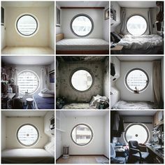 multiple images of different round windows in a room