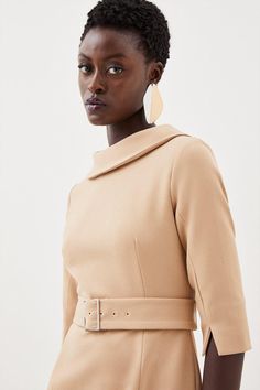 Embodying A Timeless Aesthetic, This Dress Is Crafted With Signature Structured Crepe Fabric For A Premium Feel. Three-Quarter Sleeves And A Folded Neckline Add Classic Appeal, While A Buckle Belt Subtly Cinches The Waist.Structured Crepe Fabricbuckle Beltmidi Hemlinethree-Quarter Sleeves Pencil Midi Dress, Petite Midi Dress, Midi Pencil Dress, Timeless Aesthetic, Belted Midi Dress, Tailored Dress, Bodycon Fashion, Small Frame, Buckle Belt