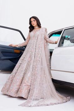 Traditional Pakistani Bridal Gown with Dupatta Embellished Anarkali Dress For Ceremony, Anarkali Hand Embellished Organza Wedding Dress, Anarkali Hand Embellished Ceremony Dress, Glamorous Semi-stitched Floor-length Gown, Elegant Wedding Evening Dress With Zari Work, Semi-stitched Wedding Dresses, Bollywood Style Embellished Ceremony Dress, Semi-stitched Wedding Dress With Pearl Embroidery, Floor-length Wedding Dress With Sheer Dupatta For Ceremony