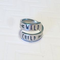 Wild Child Ring - Silver Wrap Ring - Gift For Her - Hand Stamped Ring - Personalized Ring - Skinny B Adjustable Symbolic Personalized Rings, Meaningful Customizable Adjustable Rings, Adjustable Personalized Symbolic Rings, Personalized Adjustable Symbolic Rings, Customizable Adjustable Silver Engraved Ring, Personalized Metal Rings For Anniversary, Unique Adjustable Nickel Free Engraved Ring, Adjustable Themed Silver Rings, Cheap Silver Stackable Rings Hand Stamped