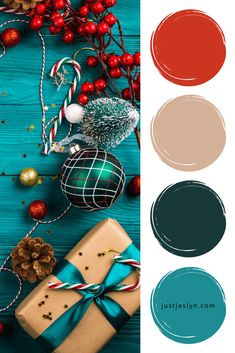 the color scheme for christmas presents on a blue wooden table with candy canes and ornaments