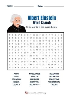 the albert einstein word search is shown in this printable worksheet for children