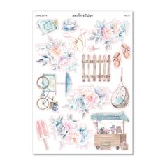 a sticker sheet with flowers and things on it