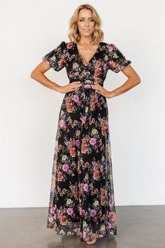 Ardley Maxi Dress | Black Multi Floral - Baltic Born Dusty Coral, Baltic Born, Maxi Dress Black, Mesh Material, Cup Size, Top Sales, Black Maxi Dress, Puff Sleeves, Black Background