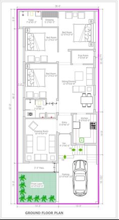 the floor plan for a two story house, with an attached garage and living area