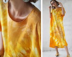 Vintage yellow tie dye free fit ankle length kaftan maxi dress. No closure, no lining. No tags. Measured laying flat (double for circumference): 47'' / 120 cm long 26'' / 66 cm width seam to seam Very good vintage condition. Beach Caftan, Yellow Tie Dye, Kaftan Maxi Dress, Yellow Tie, Yellow Ties, Pretty Blouses, Dye Free, Easy Knitting, Denim Coat