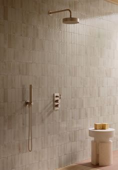 a bathroom with a tub, shower head and standup shower