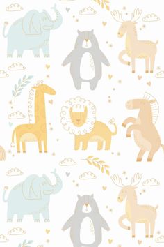 an animal themed wallpaper with animals and clouds in pastel blue, pink, yellow and white