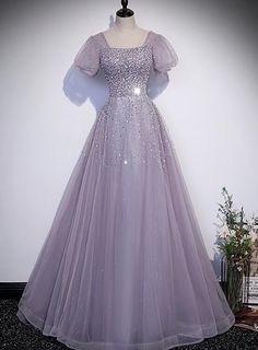 Beautiful Light Purple Shiny Tulle Long Party Dress, A-line Sequins Pr - dreamydressprom A Line Evening Gown, Party Dress Purple, Gaun Tulle, Purple Dresses Formal, Prom Dress A Line, Purple Corset, Prom Dress Pictures, Purple Tulle, Purple Evening Dress