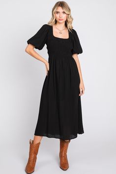 Black Square Neck Midi Dress– PinkBlush Casual Midi Dress With Gathered Sleeves And Square Neck, Square Neck Puff Sleeve Dress With Elastic Sleeves, Puff Sleeve Dress With Smocked Back For Brunch, Brunch Midi Dress With Smocked Bodice And Straight Neckline, Square Neck Midi Dress With Smocked Bodice, Solid Dress With Elastic Short Sleeves, Black Short Sleeve Smocked Dress, Solid Midi Dress With Smocked Bodice And Square Neck, Modest Ruched Midi Dress With Short Sleeves