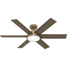 a ceiling fan with two wooden blades and a light on the bottom one is turned off