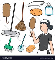 a woman holding a broom and cleaning supplies in her hand, surrounded by other household items