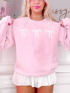 Blushing Bow Crewneck | Sassy Shortcake Boutique Pink Bow Outfit, Clothes With Bows, Flirtatious Skirt, Bow Clothes, Coquette Sweatshirt, Bow Outfit, Sassy Shortcake, Bow Sweatshirt, Preppy Coquette