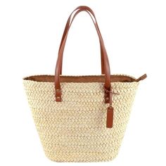 Zippered Designer Tote Bag Casual Natural Bucket Satchel, Summer Handheld Satchel With Leather Handles, Casual Bucket Satchel, Summer Satchel For Everyday Use With Large Capacity, Summer Vacation Satchel, Trendy Handheld Straw Bag With Leather Handles, Trendy Summer Bags With Leather Handles, Casual Bucket Satchel With Braided Handles, Trendy Bags With Leather Handles For Summer