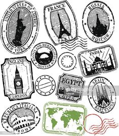 stamps with the names and symbols of different countries on white background - stamp stock illustrations